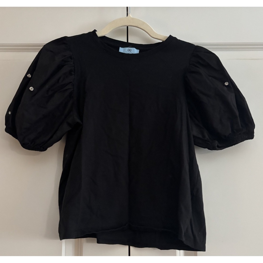 CeCe Womens Blouse Top Black Puff Sleeve Rhinestone Embellishments Modern XS